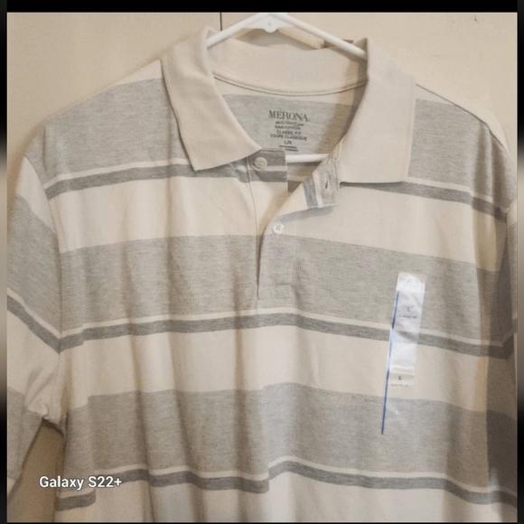 M57 Merona Ultimate Classic Fit No Roll Collar Cream Gray Striped Polo Shirt NWT - Picture 2 of 7